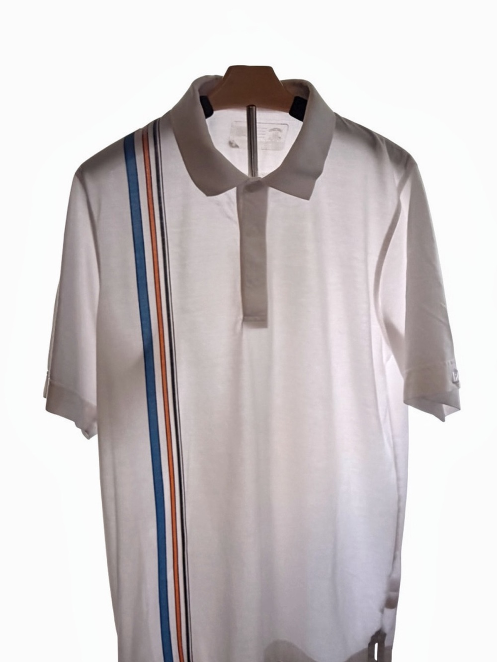 Men's White Polo Shirt with Blue and Brown Stripe